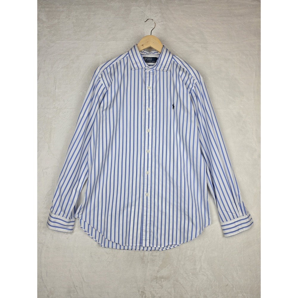 Polo Ralph Lauren Mens Large Blue White Striped Dress Shirt Spread Collar Pony
